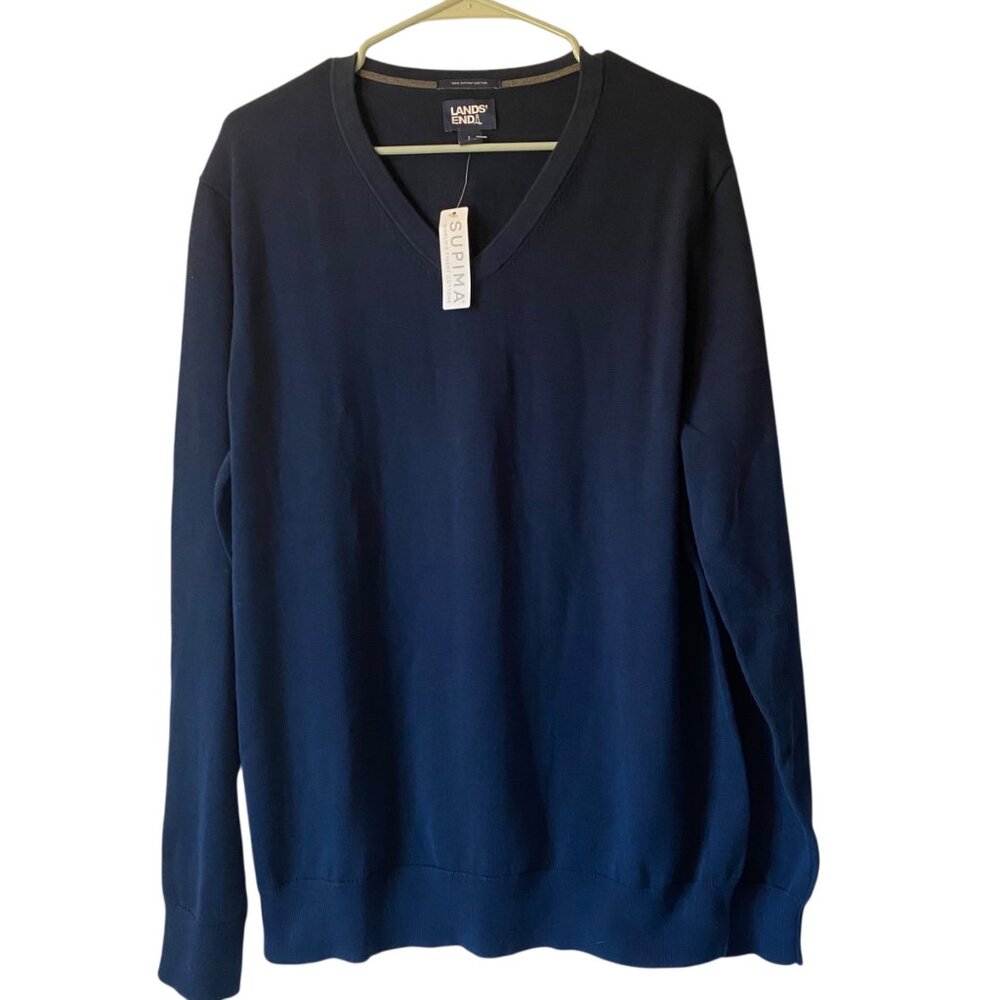 Lands End Mens Navy V-Neck Supima‎ Cotton Sweater Preppy Old Money L 42-44